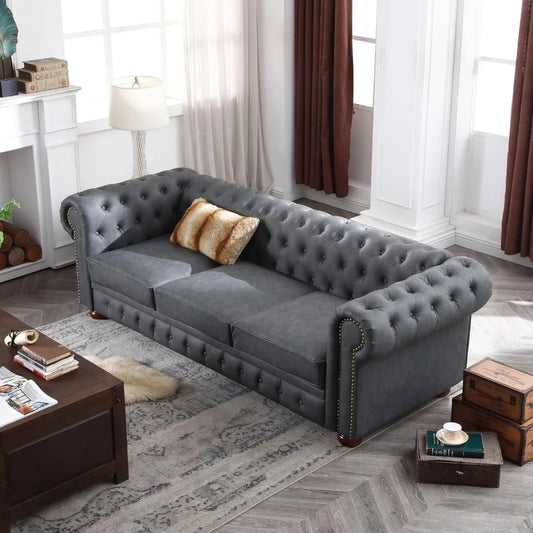 89"Faux Leather Couch Upholstered Sofa with Low Back,Roll Arm Nailhead Trim Classic 3 Seater Sofa for Living Room,Home