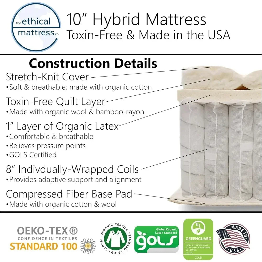 10" Hybrid Mattress, Made in USA with Organic Cotton, Wool, Latex & Pocketed Coils (Mattress-in-a-Box) , King Size Mattress