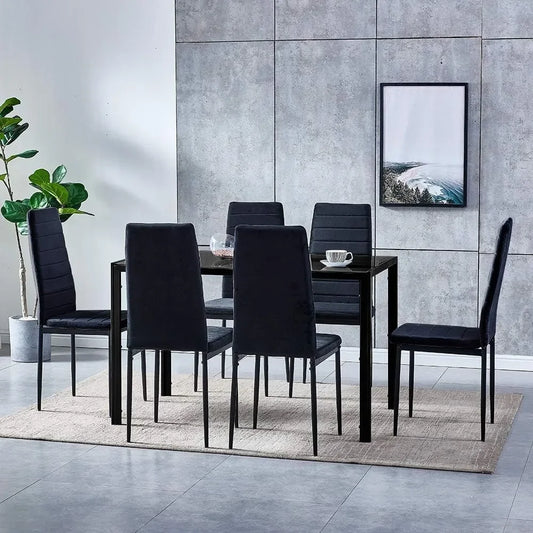 7Piece Modern Black Dining Table and Chairs Set of 6for Small Kitchen,Glass Tempered Rectangular Table and 6 Black Velvet Chairs