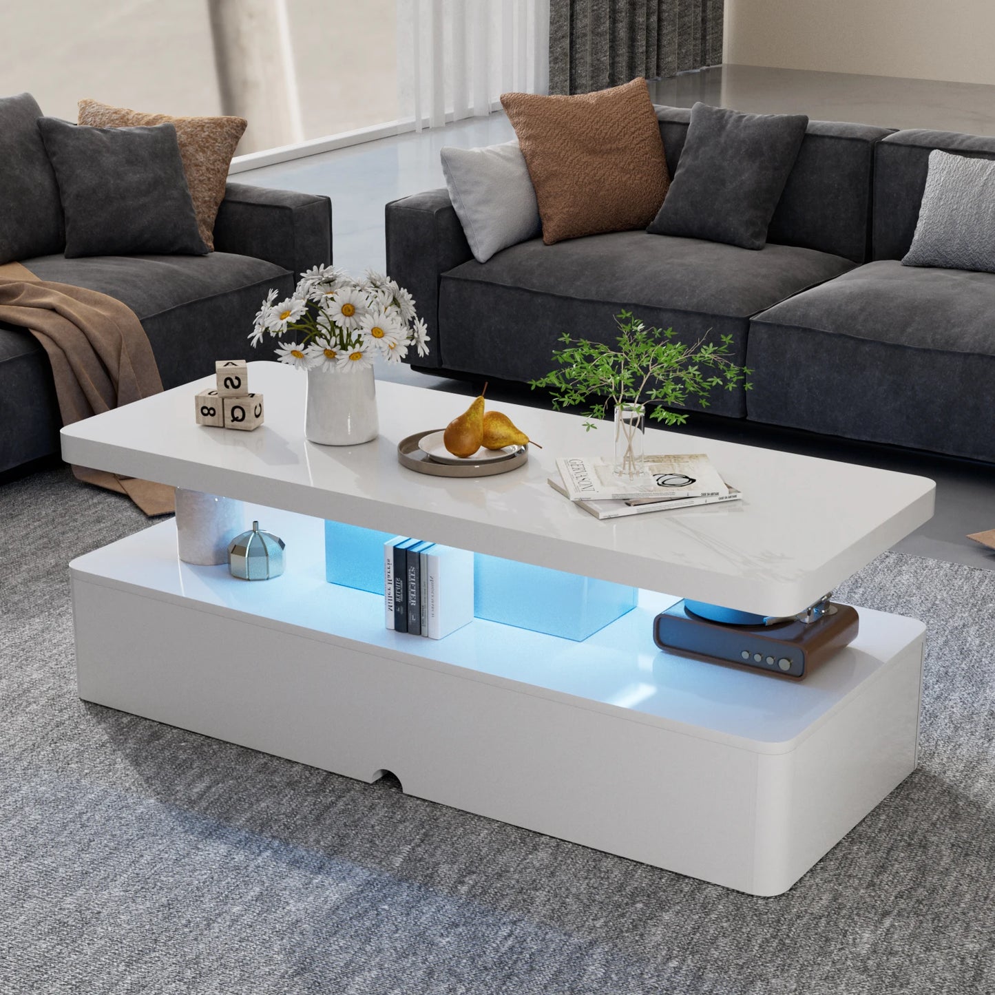 Modern Stylish Coffee Table with 16 Colors LED Lights, Double-Layer Design for Living Room, White