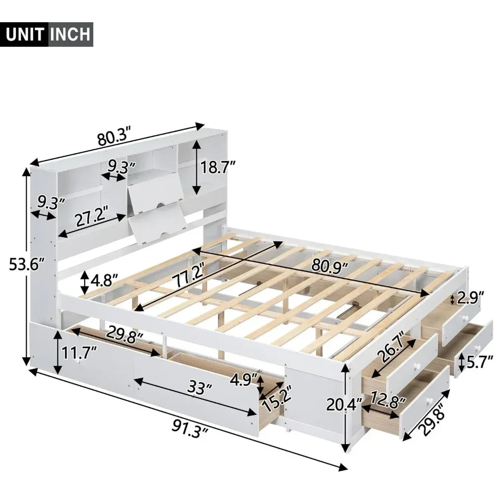 Platform Bed Frame with Storage Headboard and 8 Drawers Frame with Built-in Storage Shelves,Suitable for bedrooms, free shipping