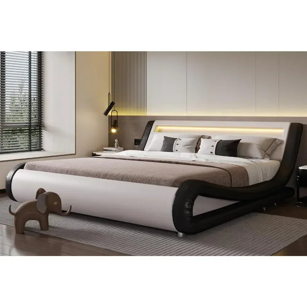 Bedroom bed LED extra large luxury padded bed frame with adjustable headboard - slim sled design, modern gray bedroom bed