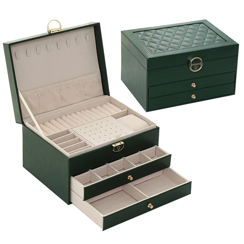 Three Layers New Retro High Quality Pu Jewelry Box With Necklace Hook  Earrings Ring Bracelet Storage Case Green  Colors