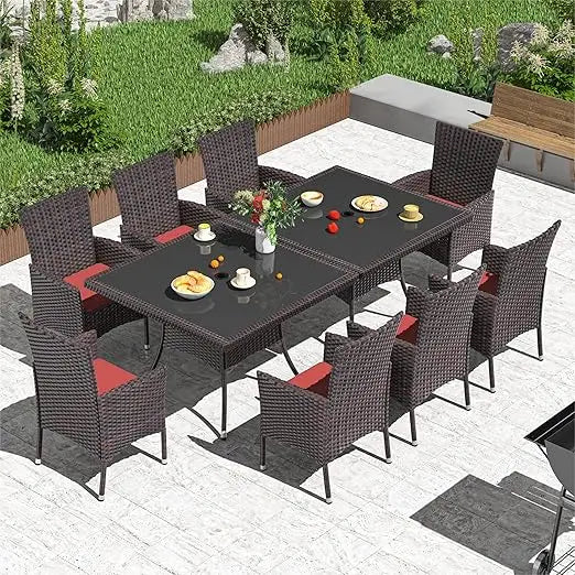 10-Piece Outdoor Dining Set,Square Tempered Glass Tabletop with Umbrella Hole and 8 Chair Set, Wicker Rattan Patio Dining Table