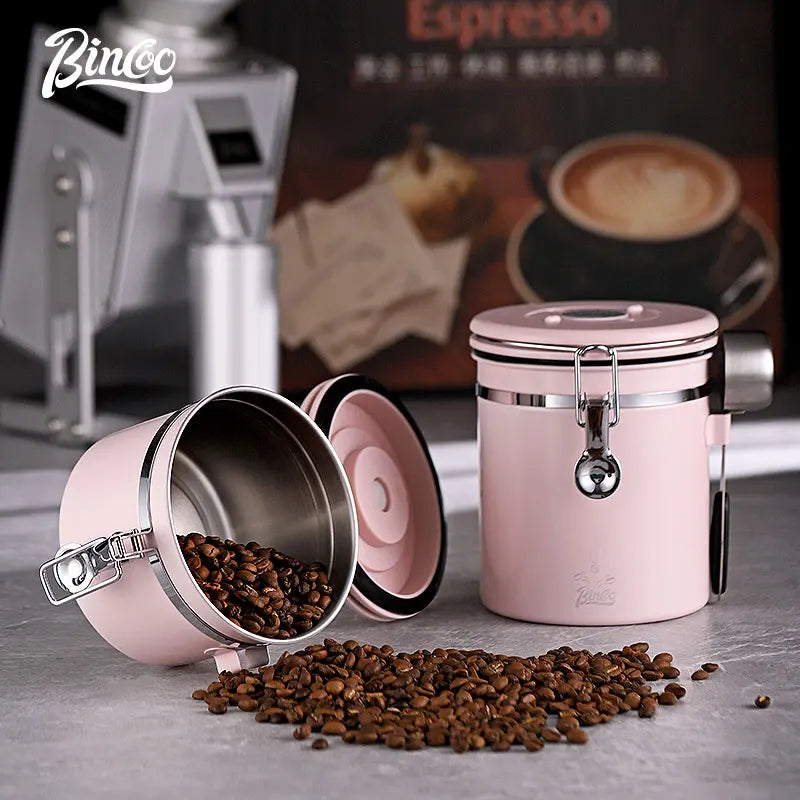 Bincoo coffee bean seal can unidirectional exhaust pink 304 stainless steel storage can holding coffee powder container snap