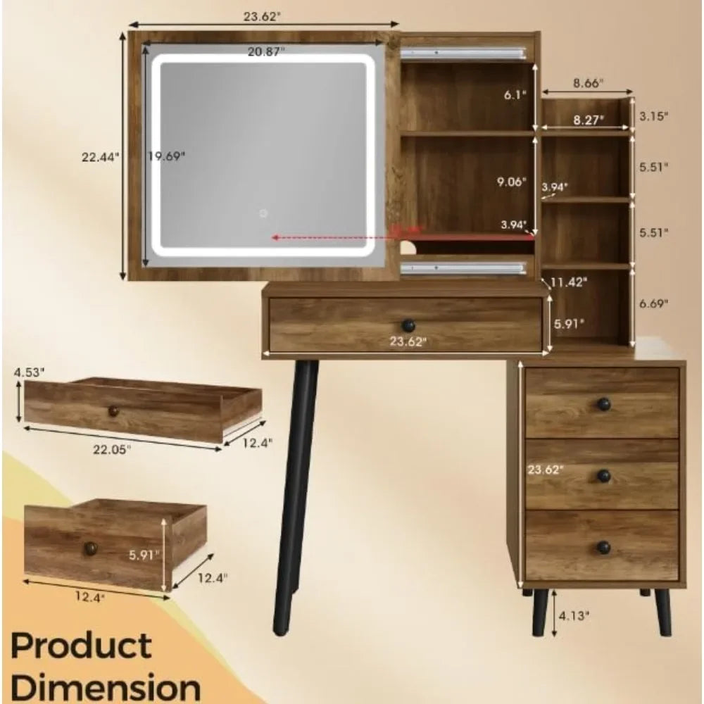 Vanity Desk with Sliding Mirror and LED Lights, 2 in 1 Wooden Makeup Vanity Desk with Sliding Mirror, Medium Makeup Table