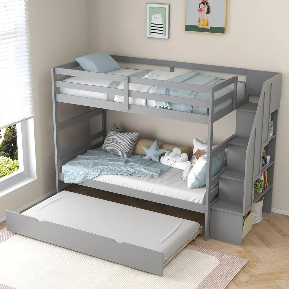 Bunk Bed, with Trundle and Stairs, with Storage Shelf, Bunks Beds Detachable Into 2 Platform Beds, Solid Wood Bunk Bed Frame