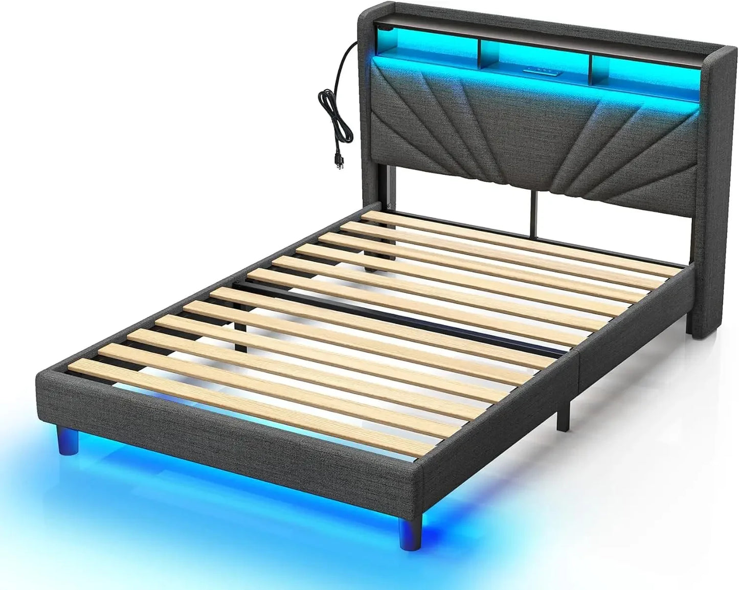 King Size Bed Frame, Storage Headboard with Charging Station and LED Lights, Upholstered Bed with Heavy Duty Wood Slats