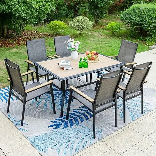 7 PCS Patio Dining Set ,with 6Aluminum Sling Chair Wooden Armrestand Expandable Table,Outdoor Patio Dining Table and Chairs Set