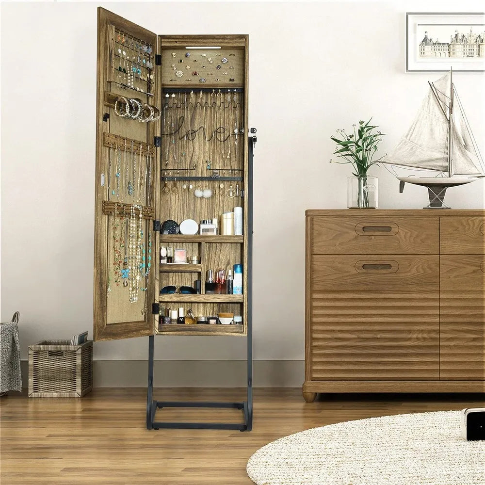 SRIWATANA Jewelry Armoire Cabinet, Solid Wood Standing Jewelry Organizer with Full Length Mirror (Carbonized Black)