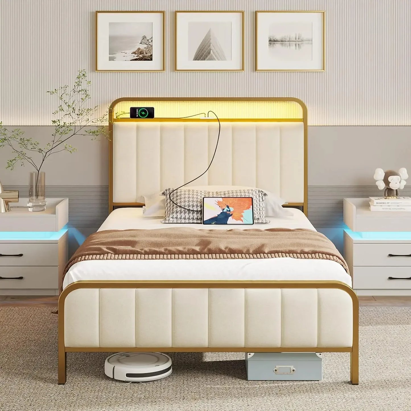 Queen Size Bed Frame with LED Light and Charging Station, Upholstered Headboard and Footboard, Metal Slat, Noise Free Bed