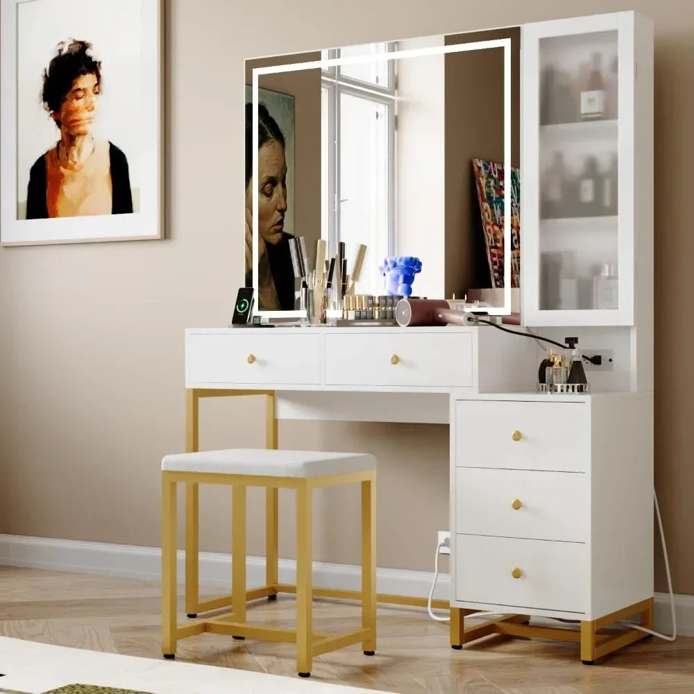 Vanity Set with Lighted Mirror and Charging Station,Cushioned Stool,5 Drawers,Modern Vanity Table with Nightstand White and Gold