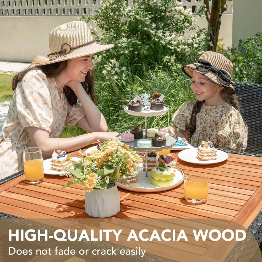 5 PCS Rattan Outdoor Dining Sets, with Acacia Wood Top,and Chairs for Backyard, Garden, Deck,Outdoor Patio Conversation Set