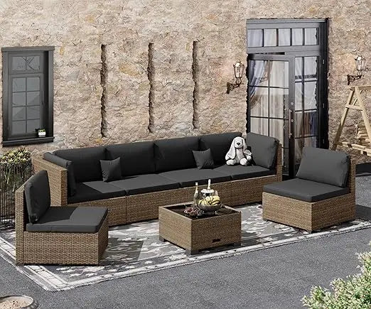 7 Piece Patio Furniture Set, All Weather PE Rattan Outdoor Sectional with Coffee Table, Outdoor Furniture Patio Sectional Sofa