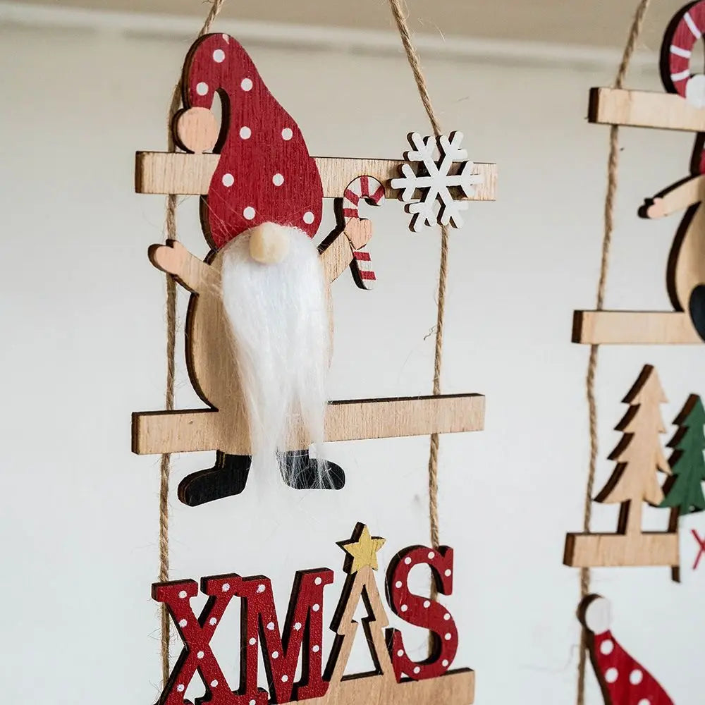 Cartoon Climbing Ladder Santa Claus Pendants with Bells DIY Christmas Wooden Hanging Tree Festive Merry Christmas Decor