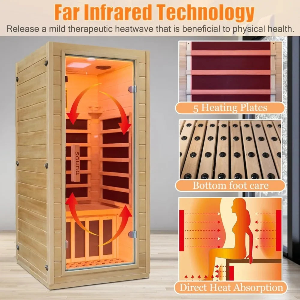 Sauna Room 1 Person Hemlock Wooden Indoor Dry Sauna，Low EMF 1200W/110V Heaters Panels,LCD Control Panel,10 Minutes Pre-Warm Up