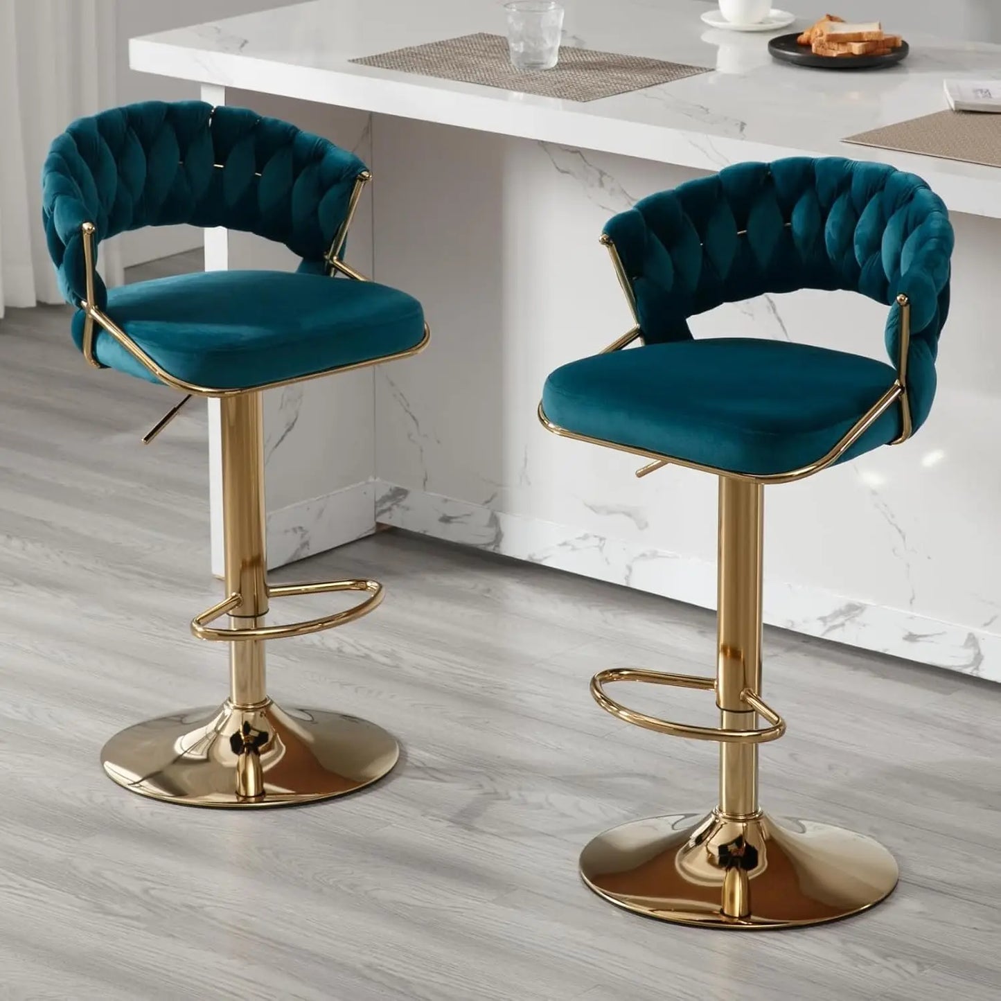 Swivel Bar Stools Set of 2, Velvet Adjustable Height Barstools Low Back Kitchen Island Counter with Golden Base Modern Bar Chair