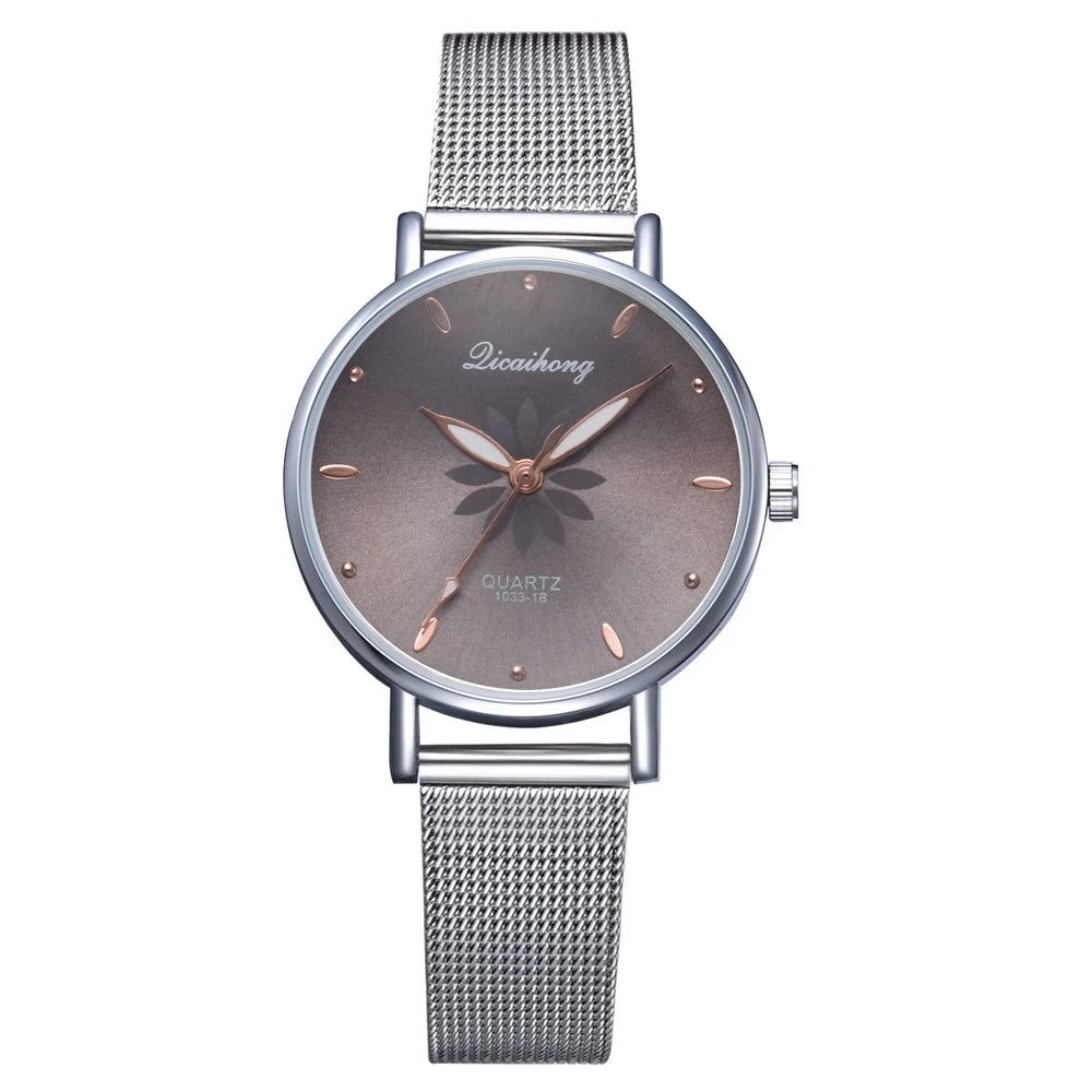 Watches For Women Luxury Silver Popular Pink Dial Flowers Metal Ladies Bracelet Quartz Clock Ladies Wrist Watch New Clock