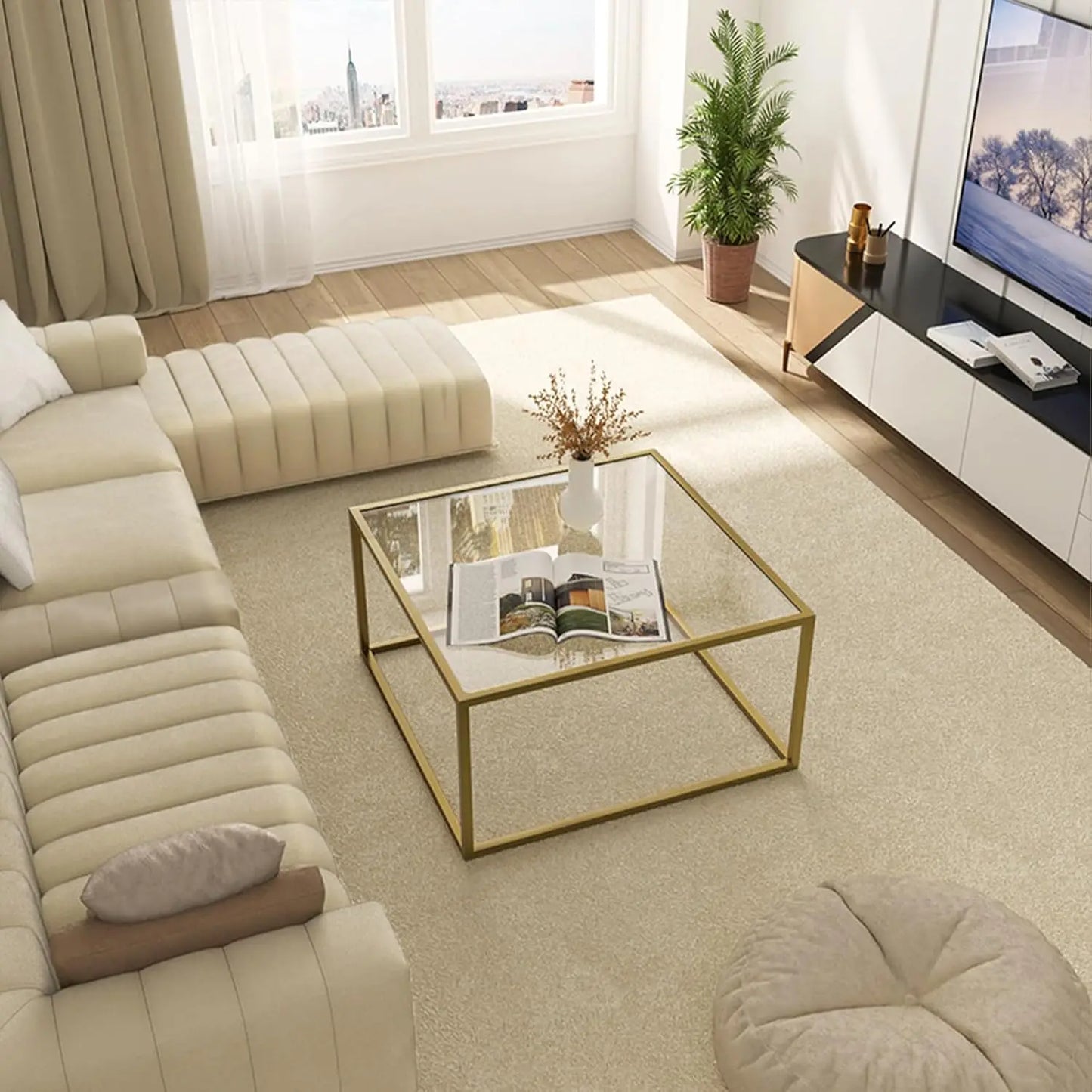 Gold Coffee Table Glass Modern Coffee Tables for Small Space Simple Square Center Table for Living Room