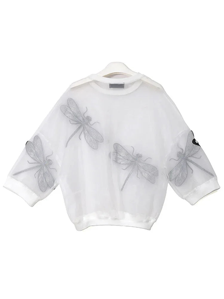 Dragonfly Delight Tee: Black and White Mesh T-Shirt, Sheer Elegance.