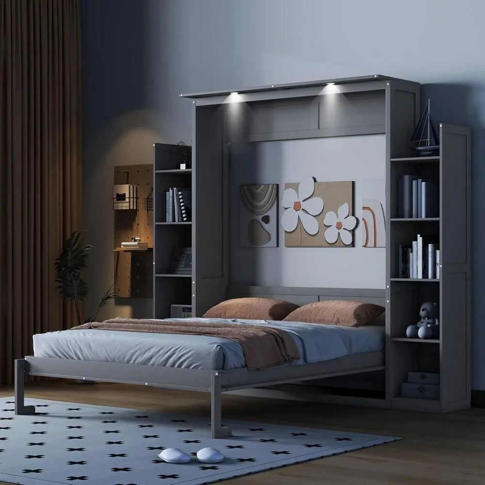 Queen Size Bed, Wooden Wall Bed with Shelves,bed, which easily folds into a cabinet,Gray  bed frame queen   cama