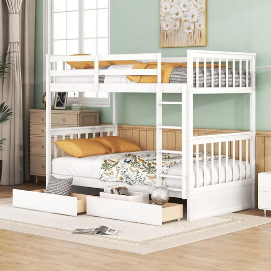 Wood Bunk Bed ,with Ladders and Two Storage Drawers,Solid Woods Detachable with Ladders,Convertible Wood Bunk Bed