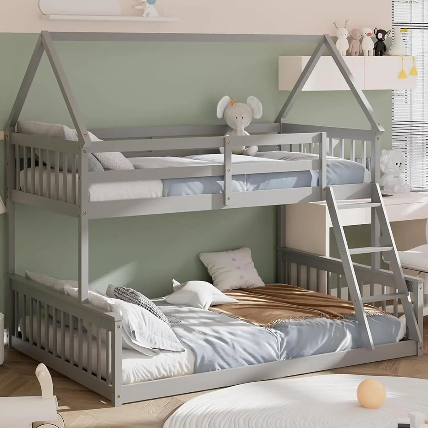 Twin Over Full Bunk Bed, Solid Wood House Bed Frame Built in Ladder & Safety Guardrails, Convertible to 2 Beds, Floor Bunk Bed