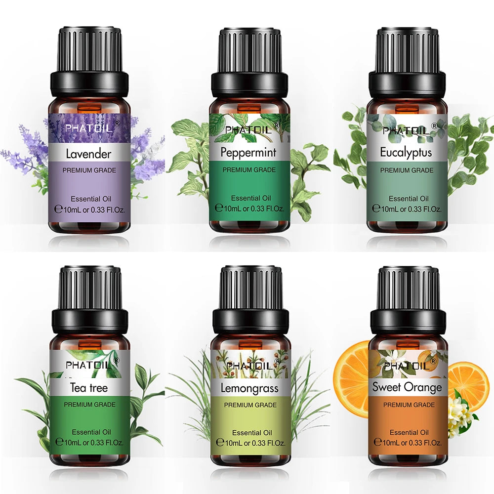 PHATOIL 6pcs Essential Oil Set 10ml Pure Natural Lavender Eucalyptus Peppermint Tea Tree Orange Lemongrass for Diffuser Candles