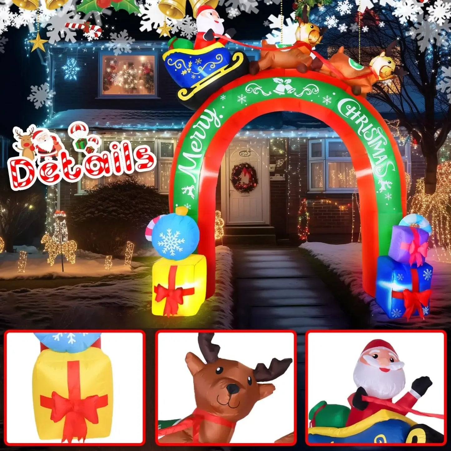 10 FT Christmas Inflatable Archway Santa Claus on Sleigh with Reindeers Christmas Blow Up Yard Decorations