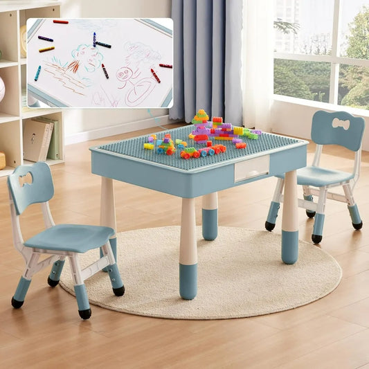 4 in 1 Kids Table and 2 Chairs Set with Storage,Toddler Table and Chair Set for Kids Ages 3-10,Graffiti & Building Blocks Double