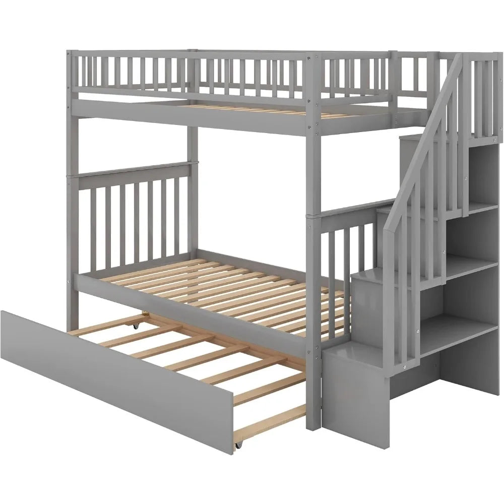 Bunk Bed, with Trundle, with Storage,Can Be Split Into 3 Separate Beds,for Kids Teens Adults ,Solid Wood Stairway Bunk Bed Frame