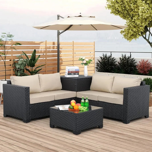 Patio Furniture, Set 4 Piece Black Rattan Sectional Sofa Conversation Couch Sets, Outdoor PE Wicker Patio Furniture Set 4 Piece