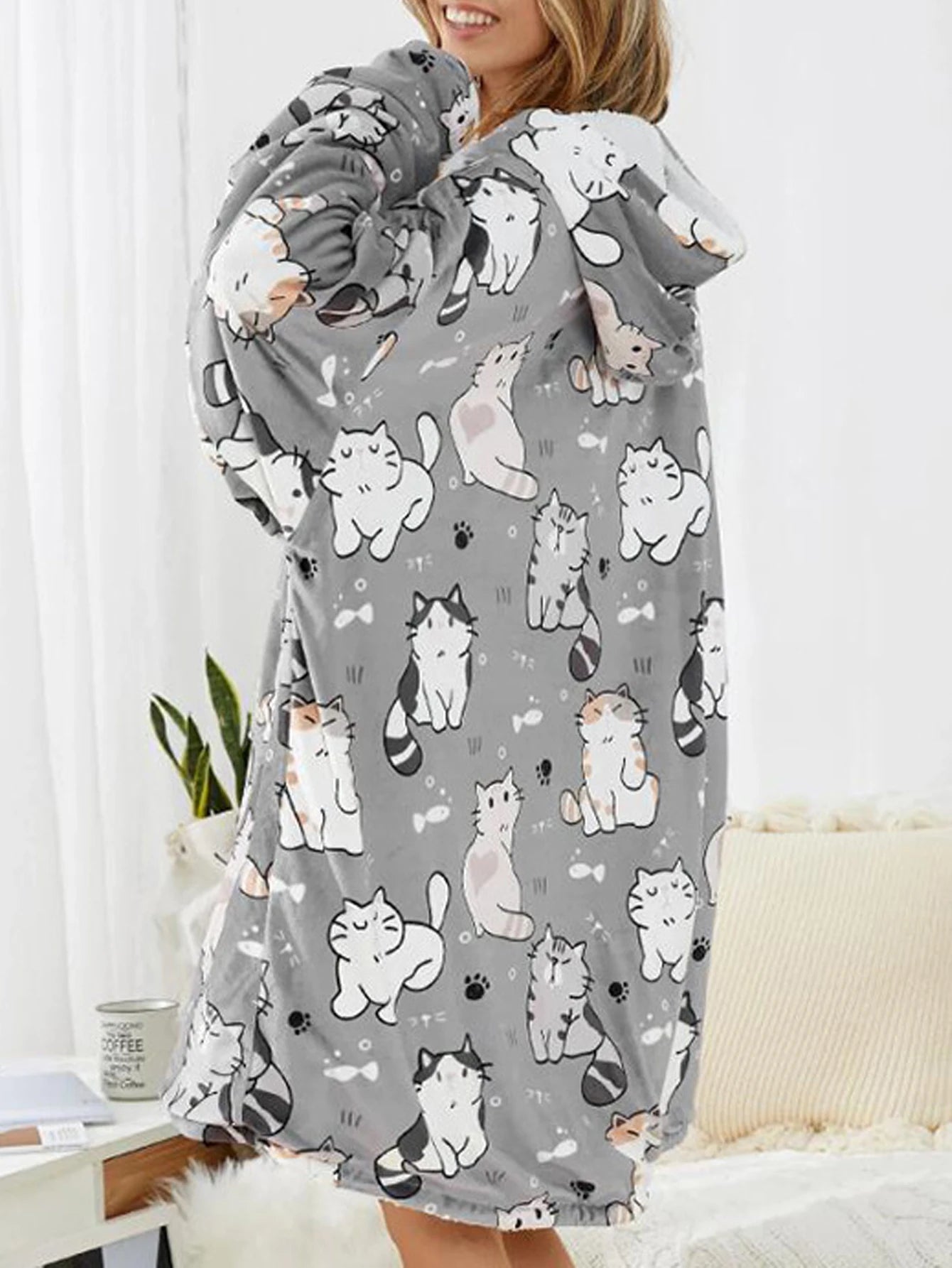 A Big Pocket Grey Cat Print Hooded Coat Winter Europe And The United States Loose Warm Hoodie Lazy Blanket Winter Lady Hoodie La