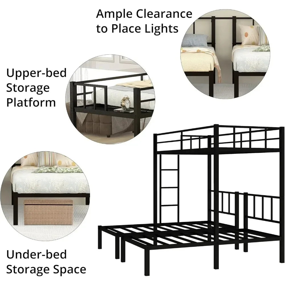 Triple Bunk Bed, Metal Twin Over Twin & Twin Bunk for 3 with Guardrails, Ladder & Upper-Platform, Detachable 3 Bunk for Children