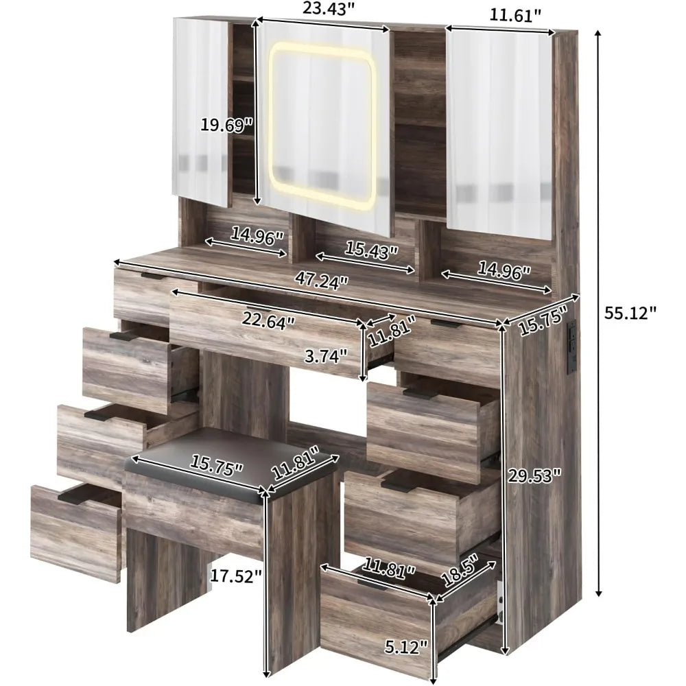 Vanity Table Set with LED Lighted Mirror, Makeup Vanity Desk with Charging Station Storage Cabinets & Drawers Cushioned Stool