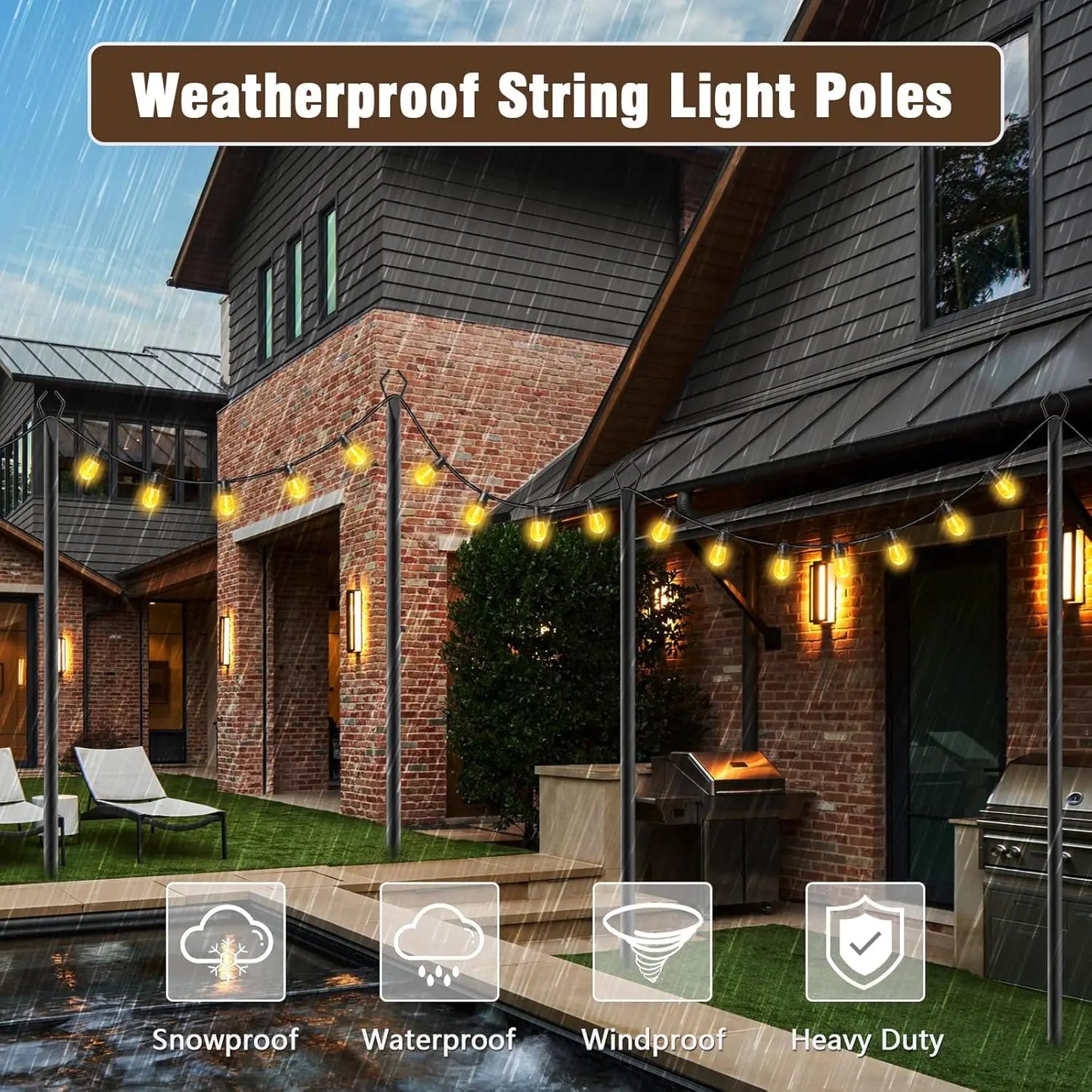 10Ft String Light Poles 4  Poles for Outside  with Fence Brackets Hanging  Stand Deck Patio Backyard