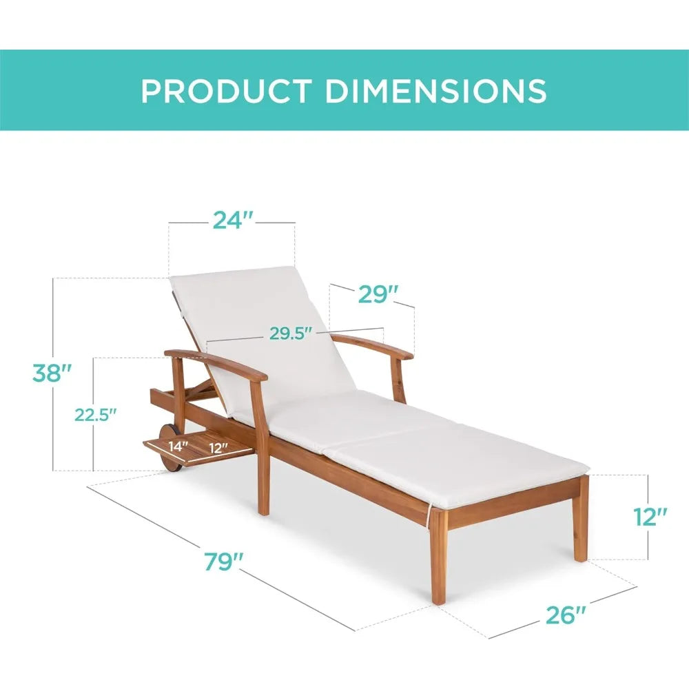 79x26in Acacia Wood Chaise Lounge Chair Recliner,Outdoor Furniture for Patio,Poolside w/Slide-Out Side Table,Foam-Padded Cushion