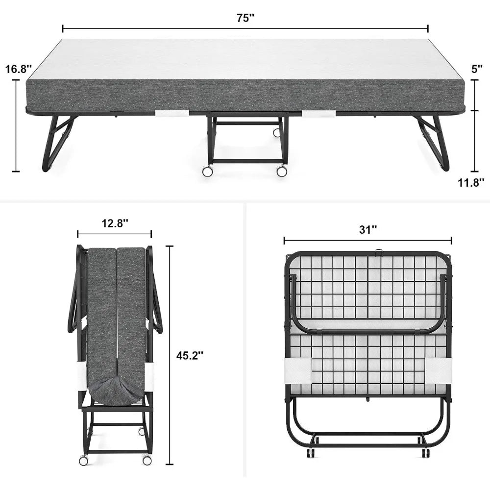 Folding bed with mattress, including storage cover, folding bed with memory sponge mattress, and metal frame with wheels