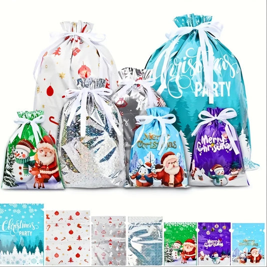 21pcs Christmas Gift Bags Drawstring Wrapping Sacks Festive Holiday Presents Packaging, Xmas Themed PP Party Favor candy Bag