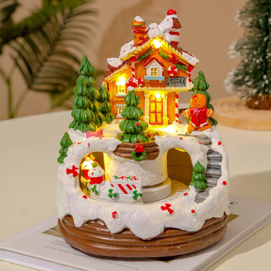 Christmas Music Box Snow Scene Ornament 6.3inch Illuminated Music Resin House Ornament Gift for Kids for Bookshelf Restaurant