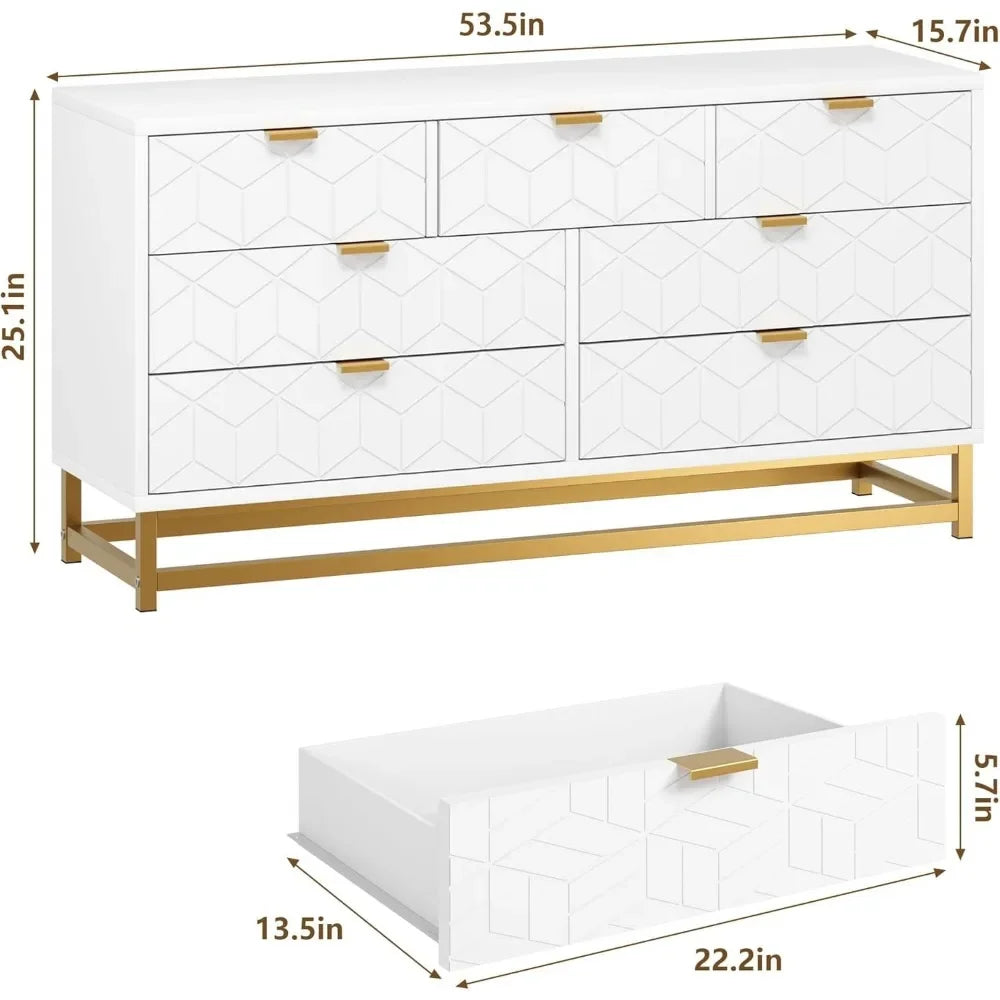 White 7 Drawer Dresser for Bedroom, 53.5" Large Dresser with Metal Legs, Modern Dresser Chest Organizer with Wide Storage