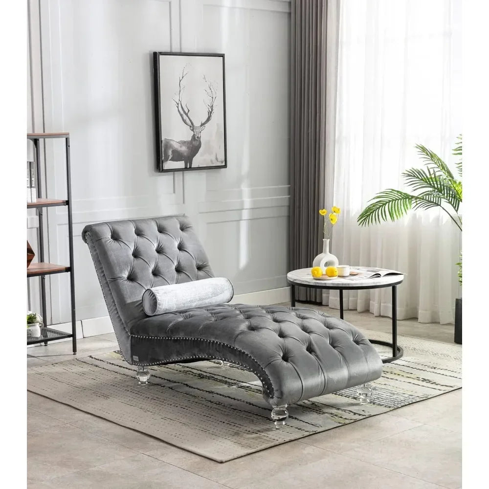 Velvet Chaise Lounge Chair with Toss Pillow, Tufted Button Lounge Chair with Acrylic Legs, Upholstered Indoor Sleeper Chair