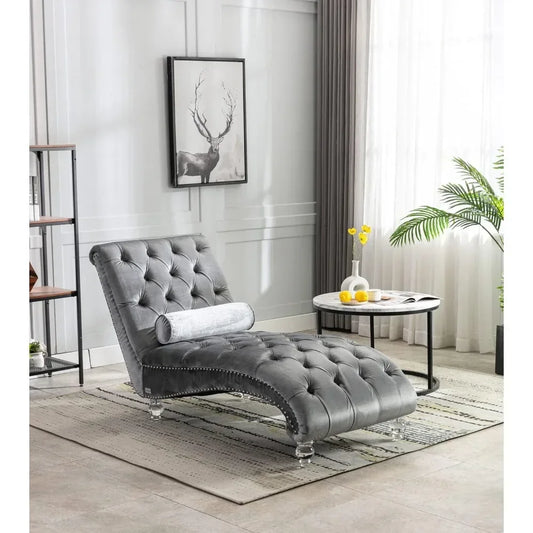 Velvet Chaise Lounge Chair with Toss Pillow, Tufted Button Lounge Chair with Acrylic Legs, Upholstered Indoor Sleeper Chair