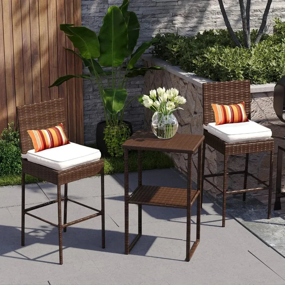 Bar Stools Set of 4, High Brown Rattan Chair with Pillow & Beige Cushion, All-Weather, Bar Chairs