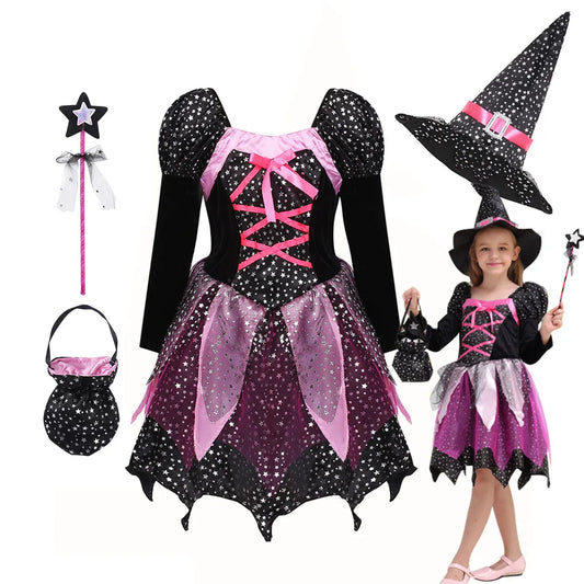 4 Pieces Witch Clothing Set Dress+Hat+Wand+Bag Girls Halloween Wizard Costume 2024 Kid Make up Party Hag Witch Apparel Vestidos