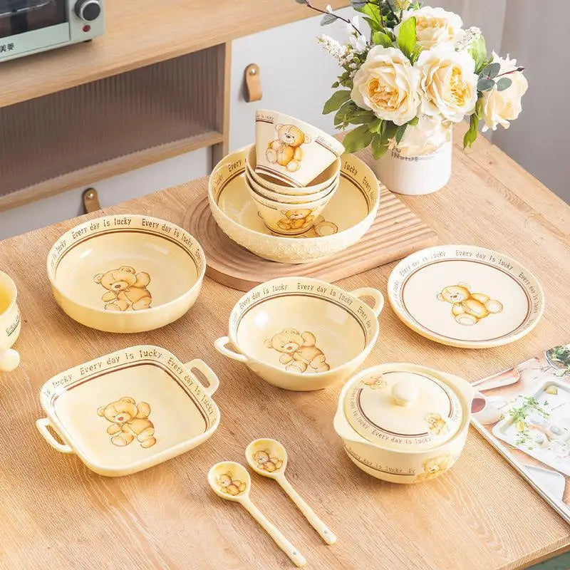 Household Bear Tableware Set Children's Cartoon Rice Bowl Staple Noodle Soup Pot Dinner Steak Plate Dinner Table Soup Tureen