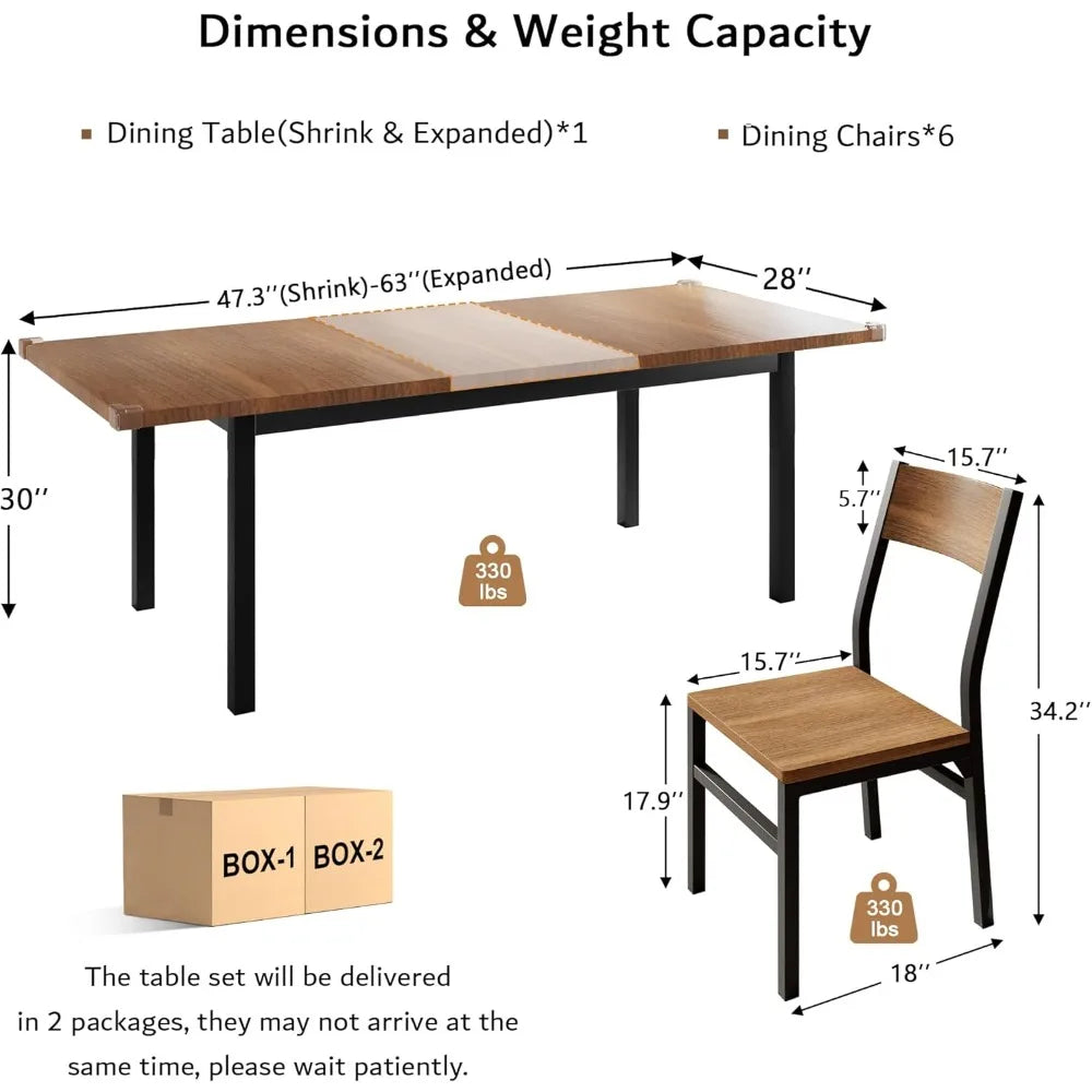 7-Piece Dining Table Set with 6 Chairs, 63" Extendable Kitchen Table & Chairs,Dining Room Table with Metal Frame & MDF Board