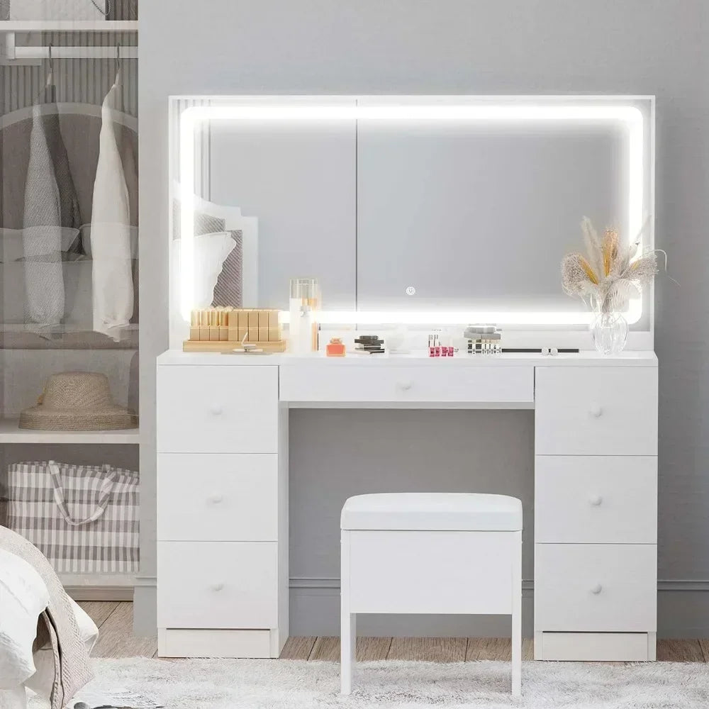 Vanity Desk Set with LED Lighted Mirror & Power Outlet, Makeup Vanities Dressing Table  for Bedroom with Stool 7 Drawers