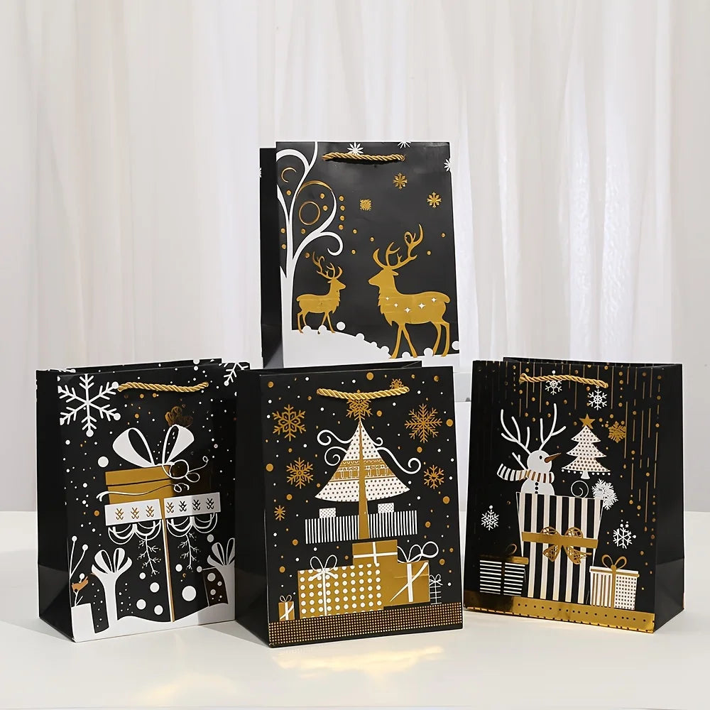 12 Pcs Festive Christmas Gift Bags Black with Golden Printed Designs - Perfect for Wrapping Holiday Presents