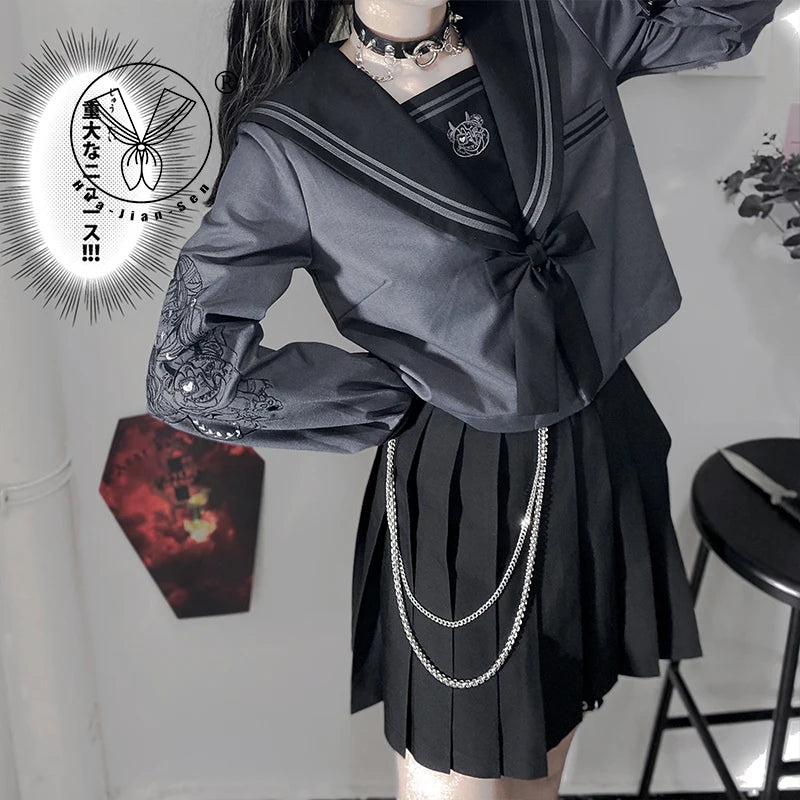 2024 New Japanese Original Jk Uniform Black Gray Print Long Short Sleeves Top Mini Pleated Skirt Suit For Girls